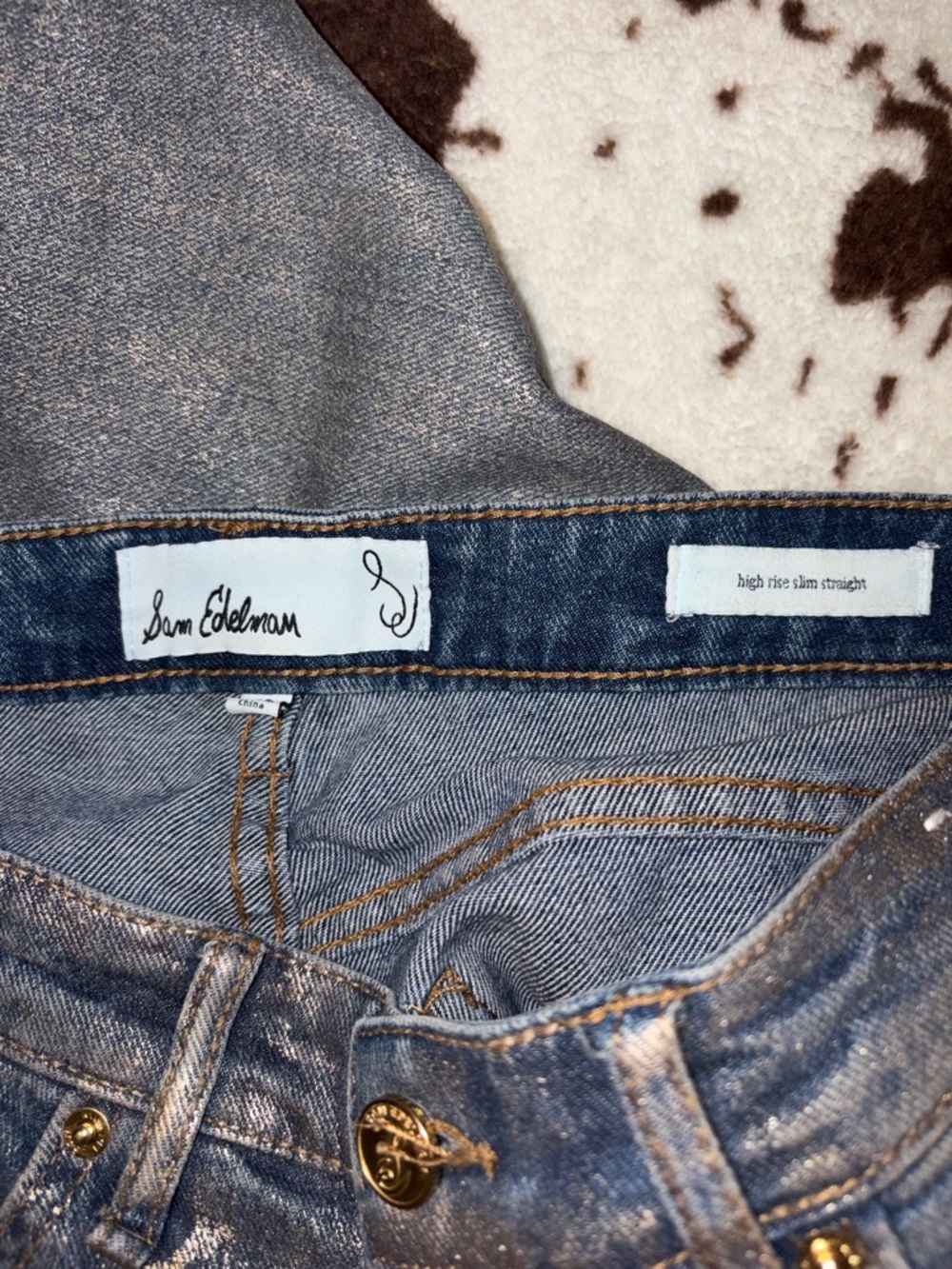 Sam Edelman Shimmery Blue Metallic High-Rise Jeans with Gold Hardware